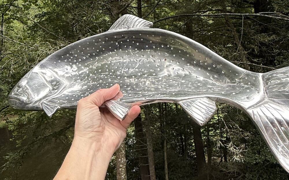 Vintage Cast Aluminum Silver Rainbow Trout Fish Shaped Serving Bowl Platter 21"
